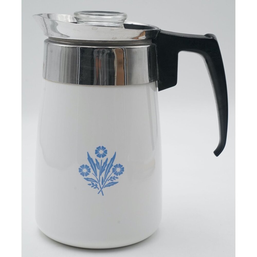 Vintage Corning Ware 6-Cup Cornflower Blue Percolator Coffee Pot w/ Lid & Basket